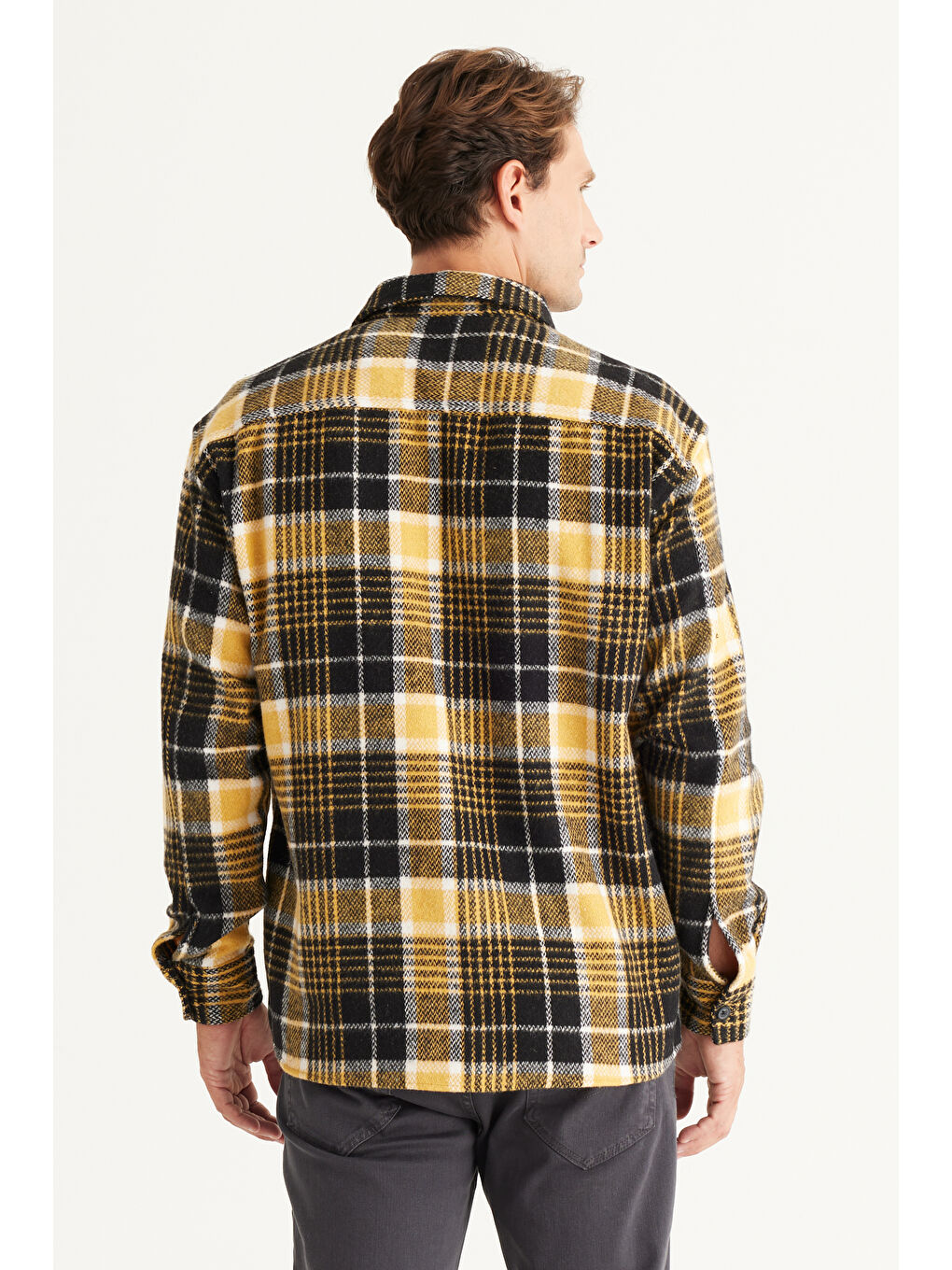 Erkek Sarı-Siyah Oversize Fit Geniş Kesim Düğmeli Yaka Ekose Gömlek Ceket-5
