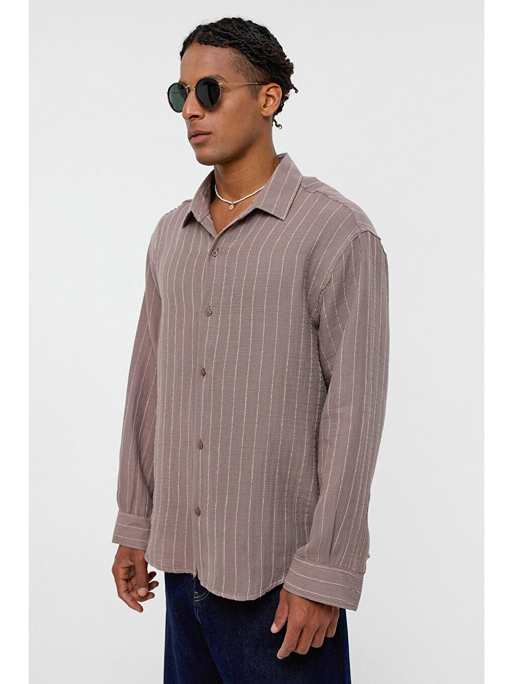 Bej Çizgili Oversize Müslin Keten Gömlek Vizon-3