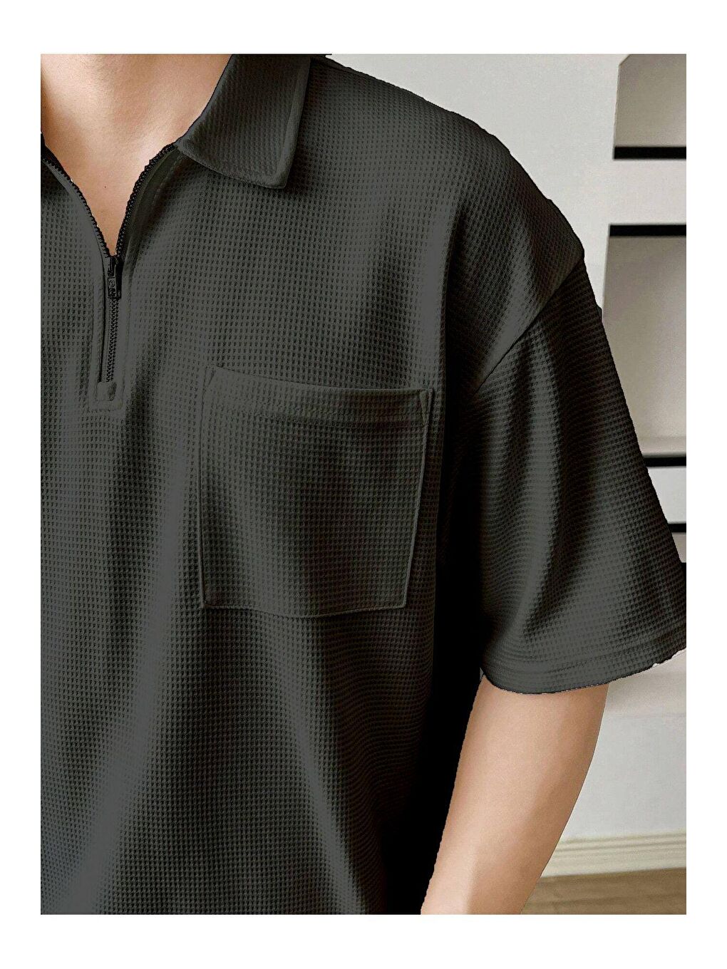 Gri Erkek Oversize Polo Yaka Waffle T-Shirt  POLOYAKA-FERMUARLI-1