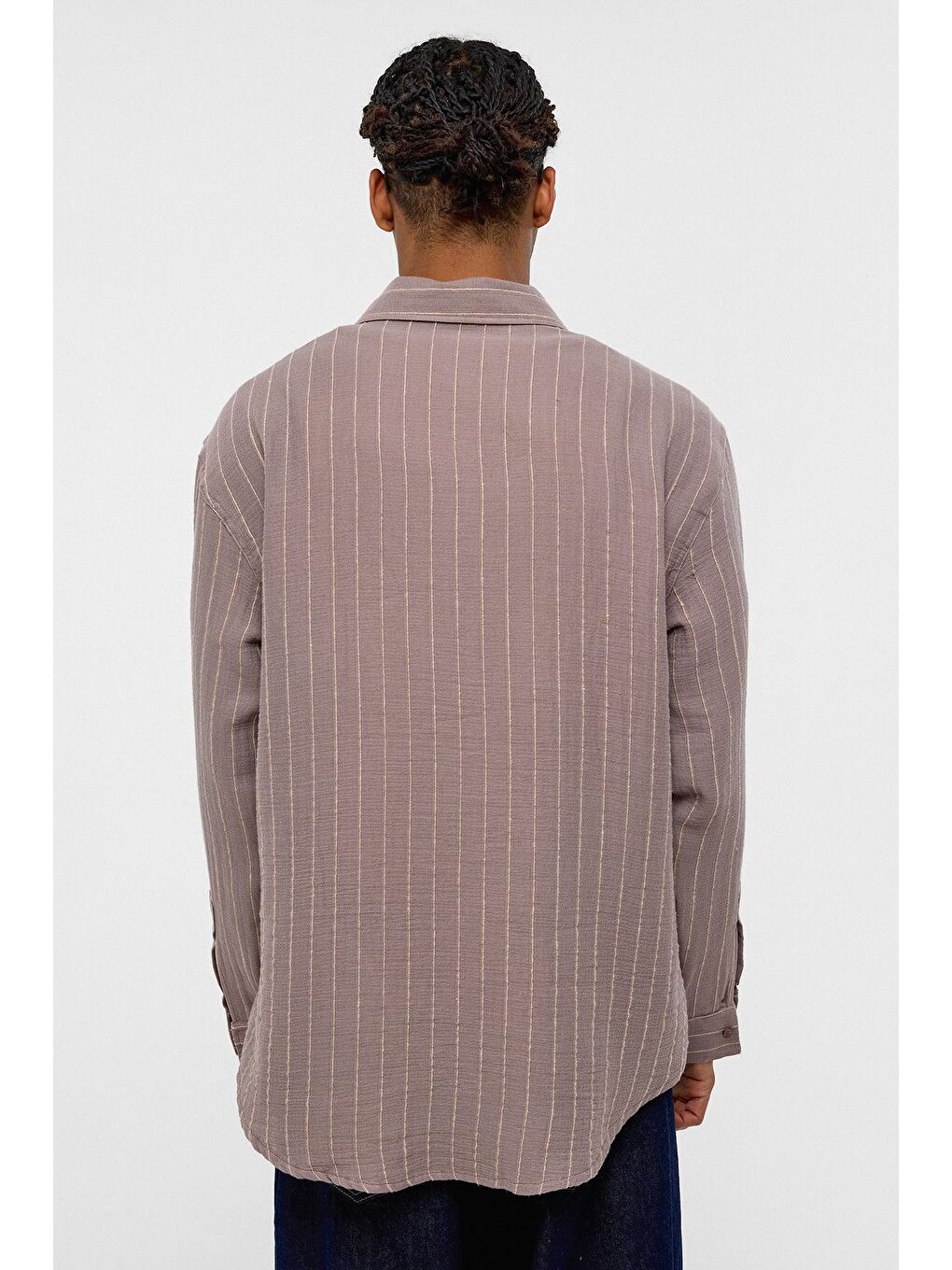 Bej Çizgili Oversize Müslin Keten Gömlek Vizon-4