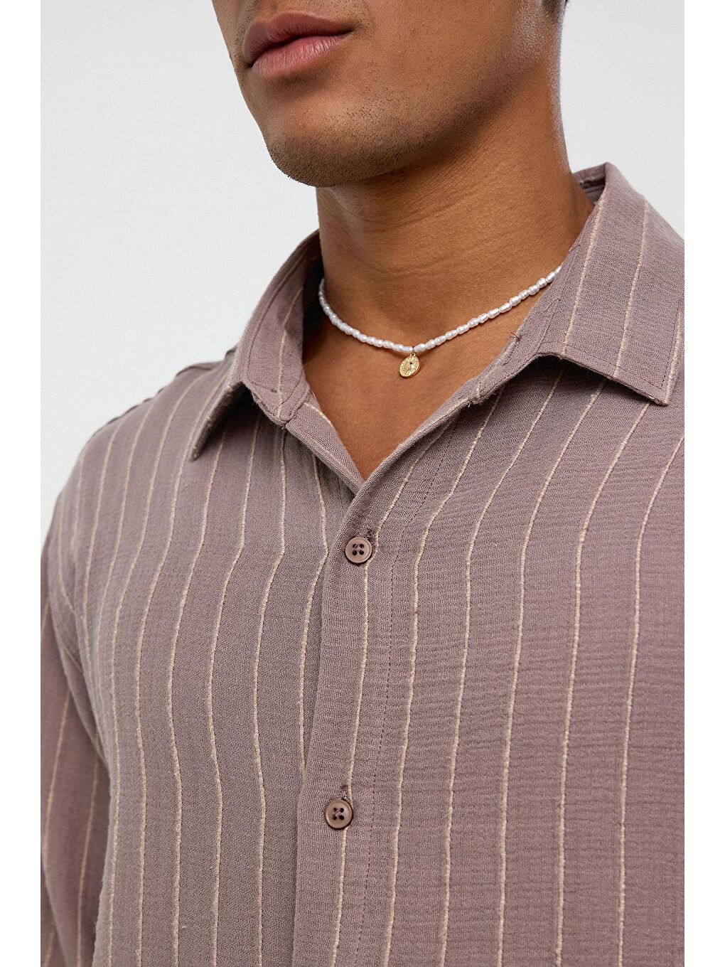 Bej Çizgili Oversize Müslin Keten Gömlek Vizon-5