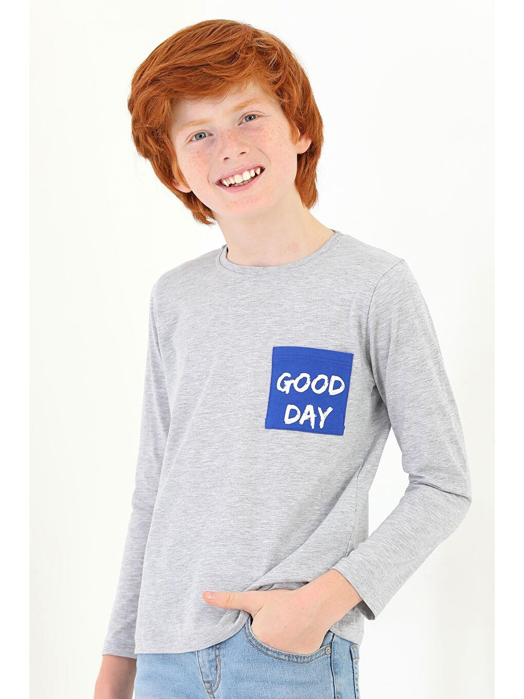Bisiklet Yaka Uzun Kol Ön Ceplı Good Day Baskılı Uzun Kol Gri Melanj Renk Erkek Çocuk Tshirt