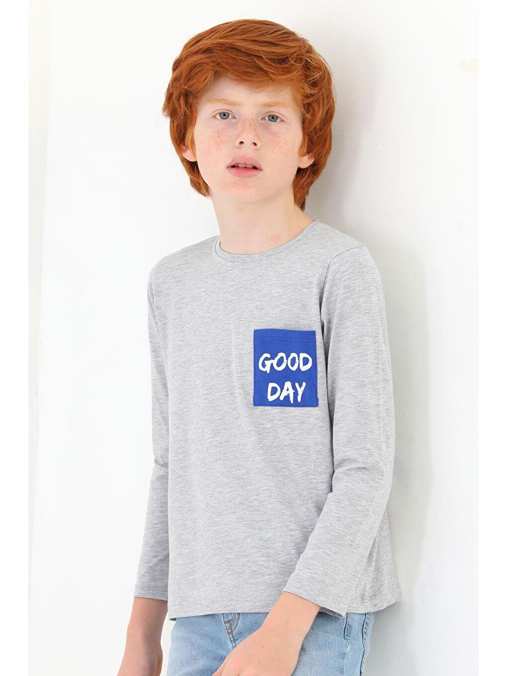 Bisiklet Yaka Uzun Kol Ön Ceplı Good Day Baskılı Uzun Kol Gri Melanj Renk Erkek Çocuk Tshirt-2