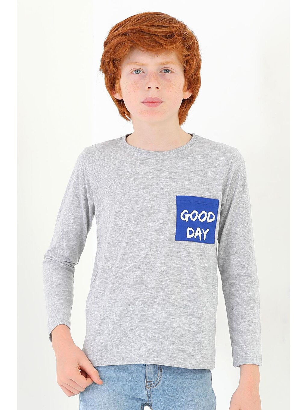 Bisiklet Yaka Uzun Kol Ön Ceplı Good Day Baskılı Uzun Kol Gri Melanj Renk Erkek Çocuk Tshirt-3