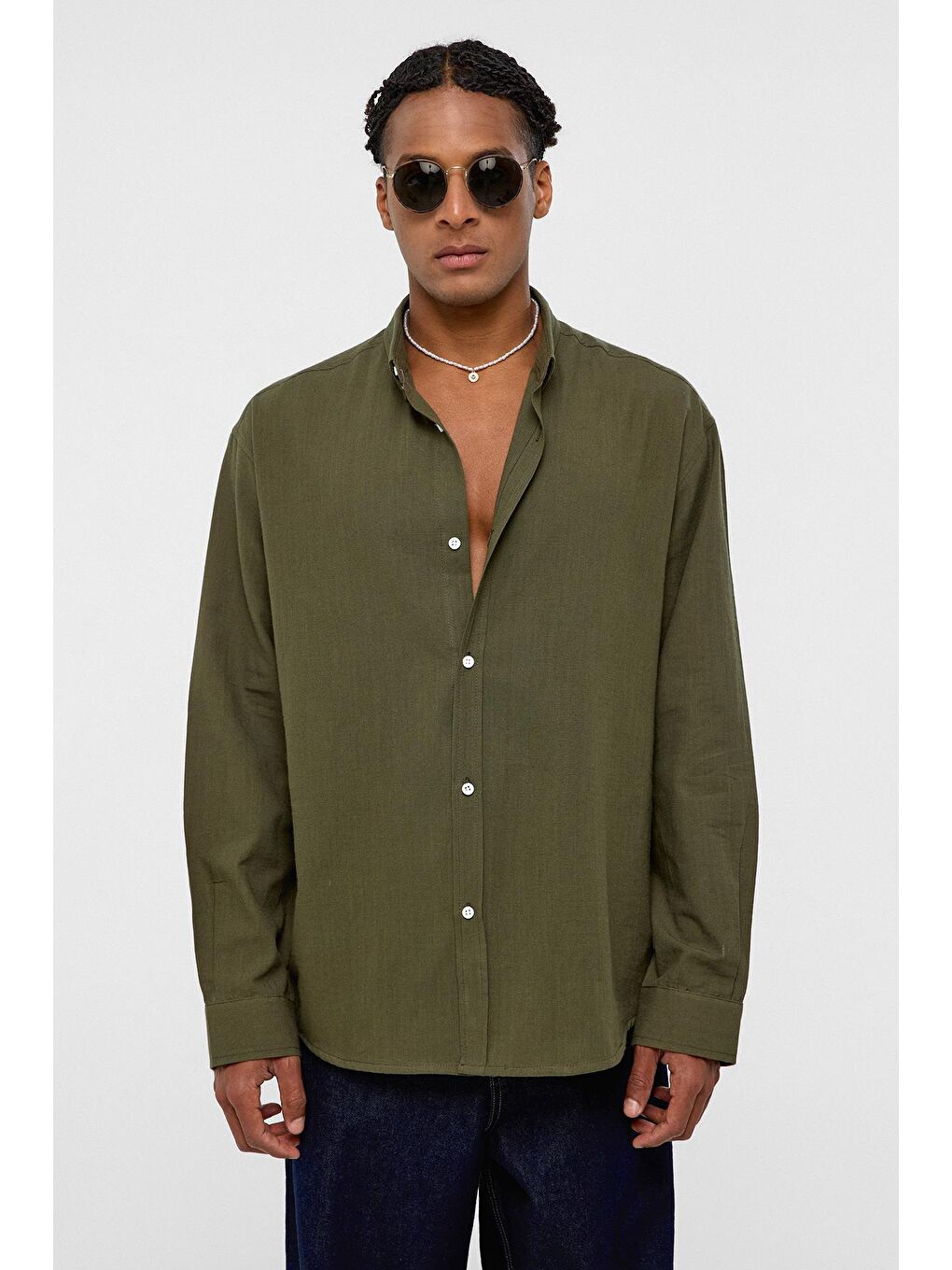 Basic Oversize Pamuk Keten Gömlek Haki-2
