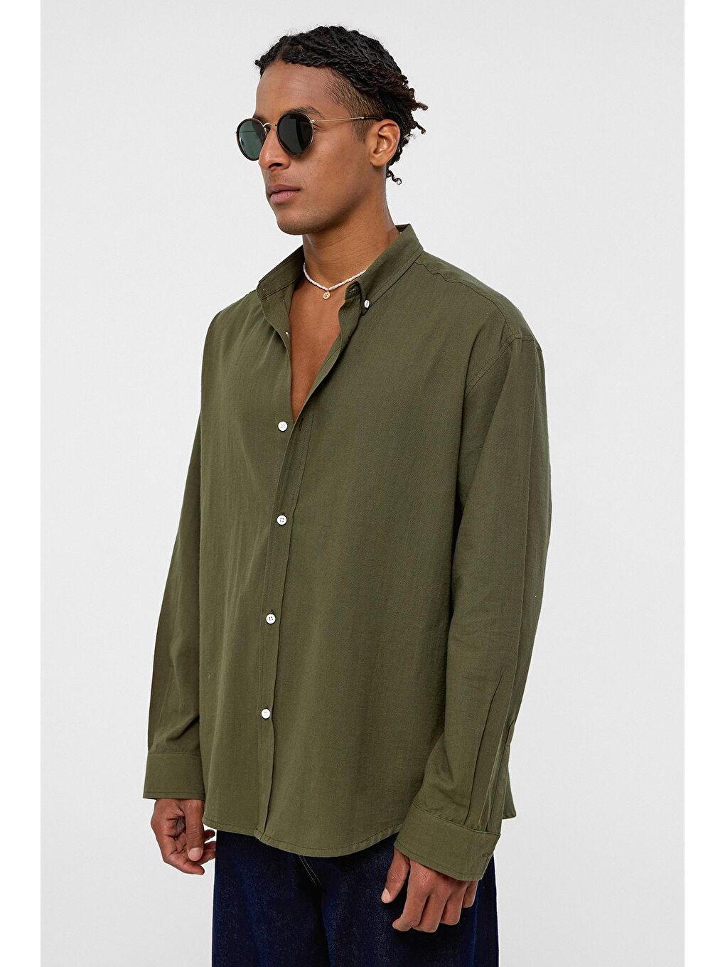 Basic Oversize Pamuk Keten Gömlek Haki-3