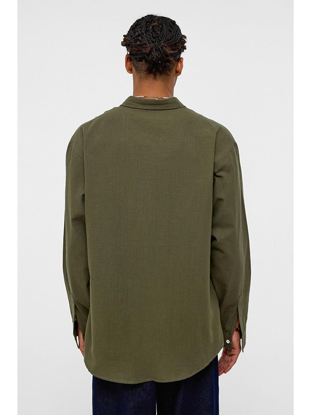 Basic Oversize Pamuk Keten Gömlek Haki-4