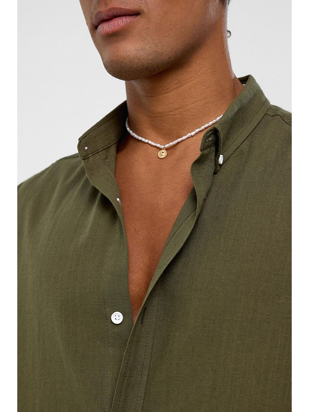 Basic Oversize Pamuk Keten Gömlek Haki-5