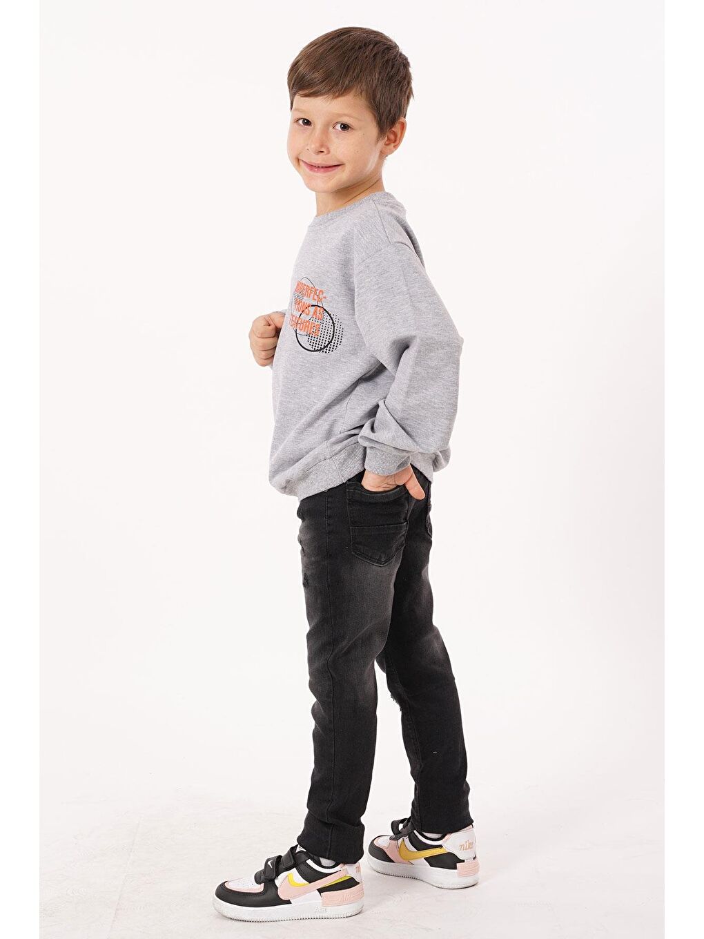 Yazı Baskılı Gri Melanj Renk Erkek Çocuk  Sweatshirt-3