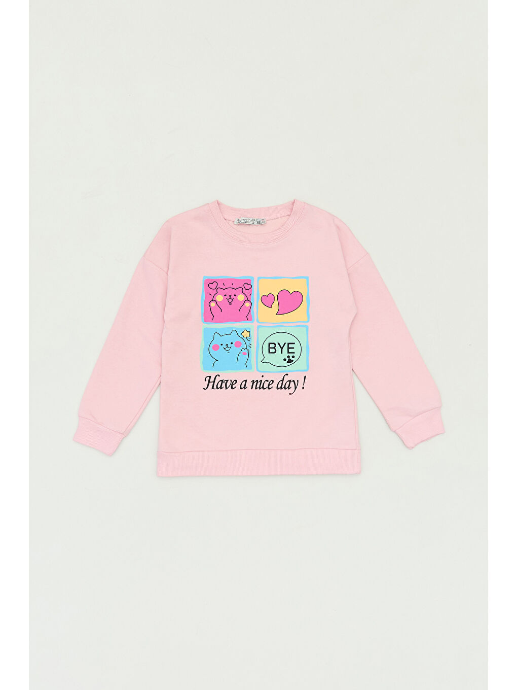 Fullamoda Pudra Pembe Baskılı Bisiklet Yaka Kız Çocuk Sweatshirt