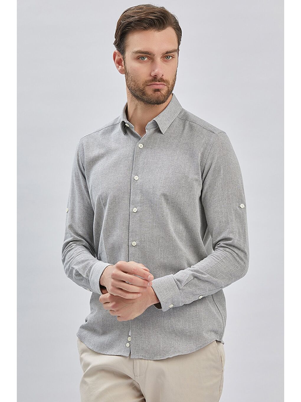 Gri Kısalabilir Kollu Armürlü Biritli Yaka Pamuklu Casual Slim Fit Dar Kesim Gömlek 1004240202