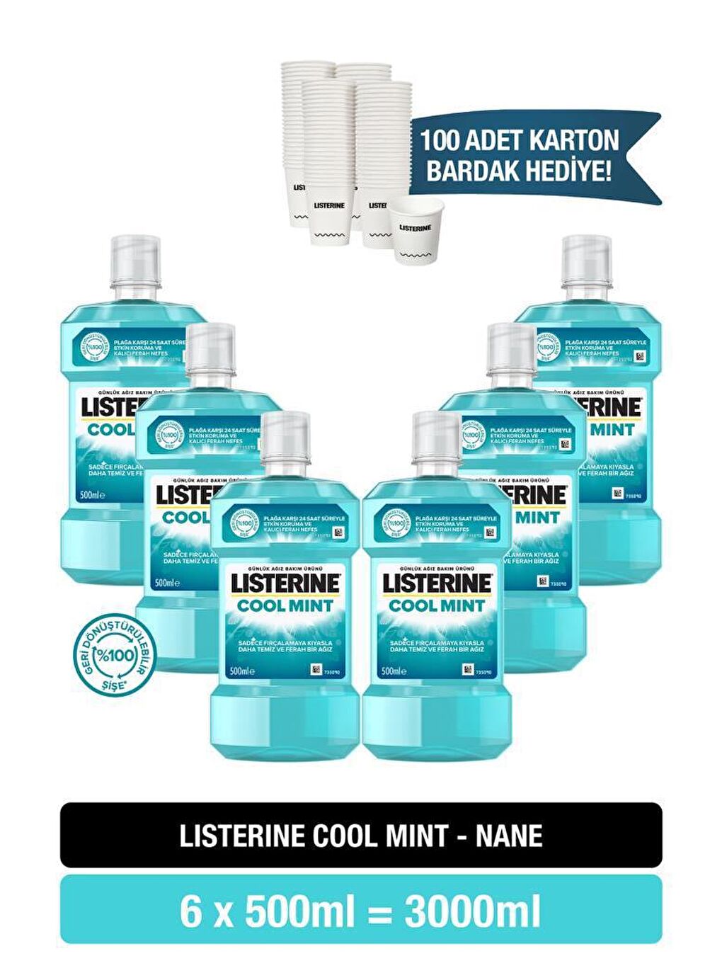 Listerine Renksiz 6 x 500 ml cool mint + 100 adet karton bardak hediyeli