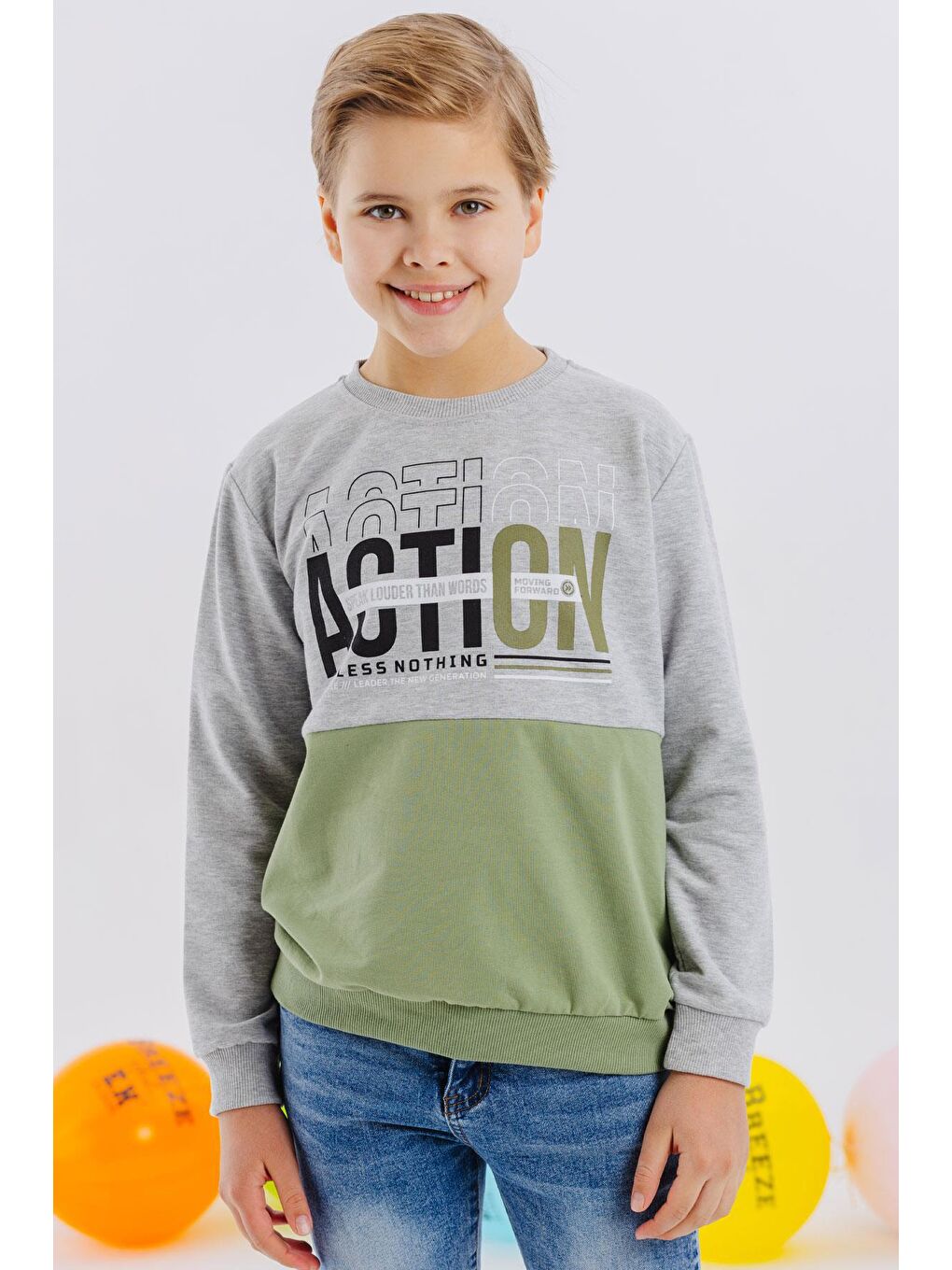 Breeze Erkek Çocuk Sweatshirt Yazı Baskılı Açık Gri Melanj (8-11 Yaş)