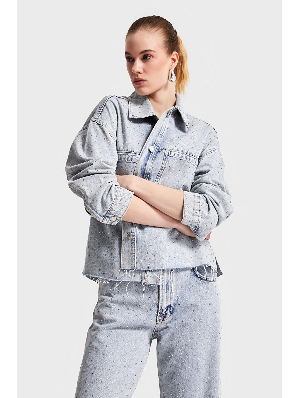 It's Basic Mavi Kadın Snow Jean Rengi 3S5 3 Bol Kesim  100 Pamuk Parlak Taşlı Tasarım Denim Ceket - 4