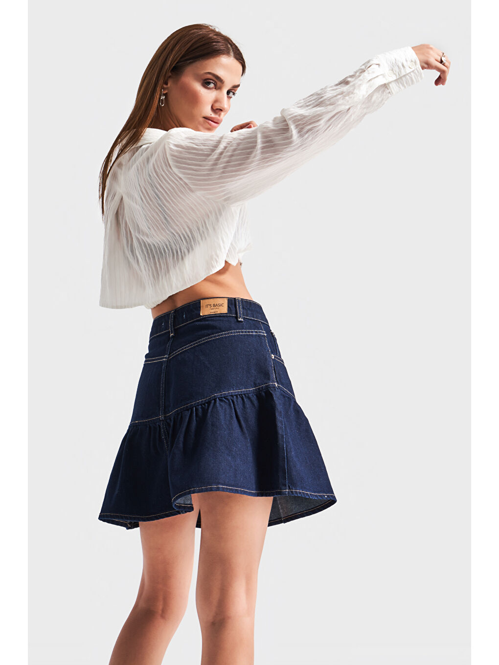 Kadın Koyu Mavi Renk 1S5-50 Volanlı Süper Mini %100 Pamuk Denim Etek-2