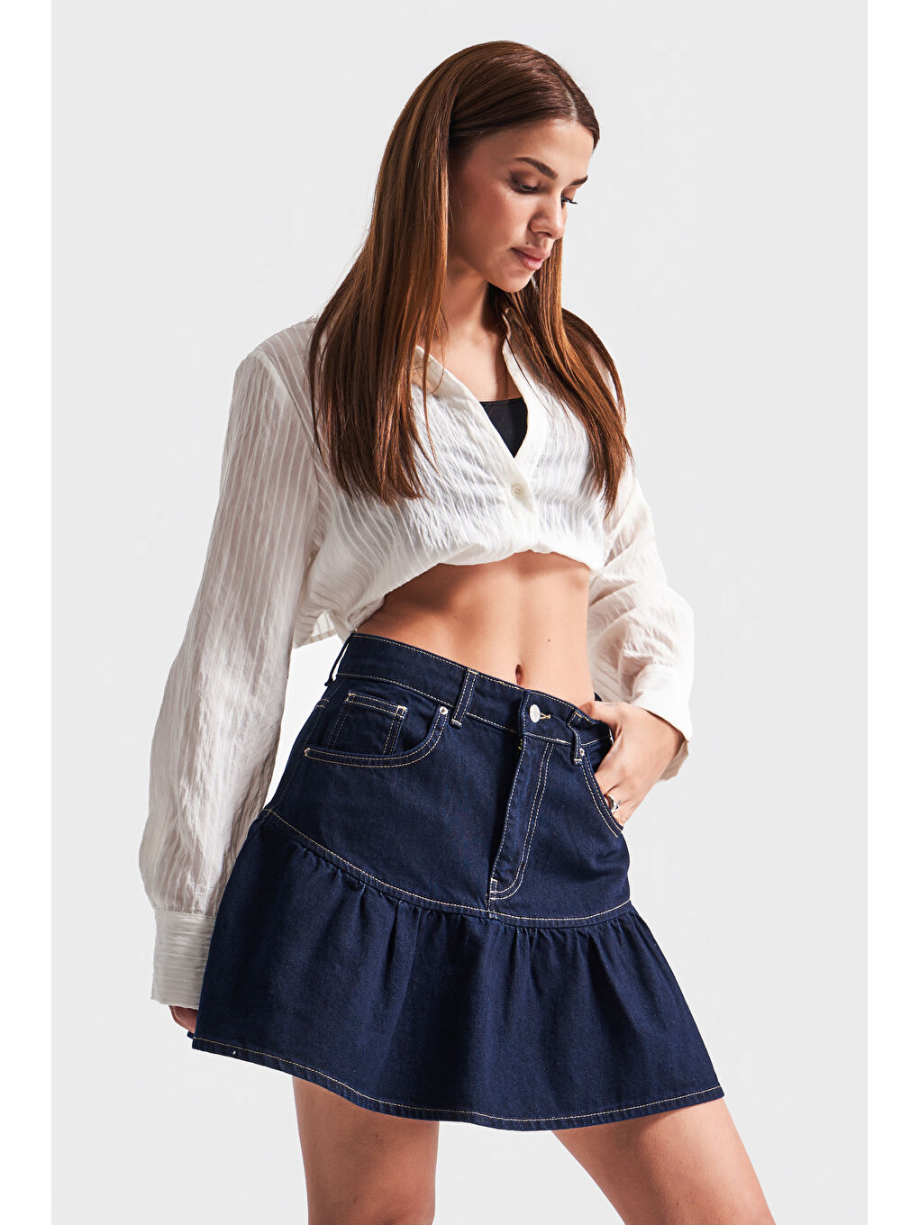 Kadın Koyu Mavi Renk 1S5-50 Volanlı Süper Mini %100 Pamuk Denim Etek-3