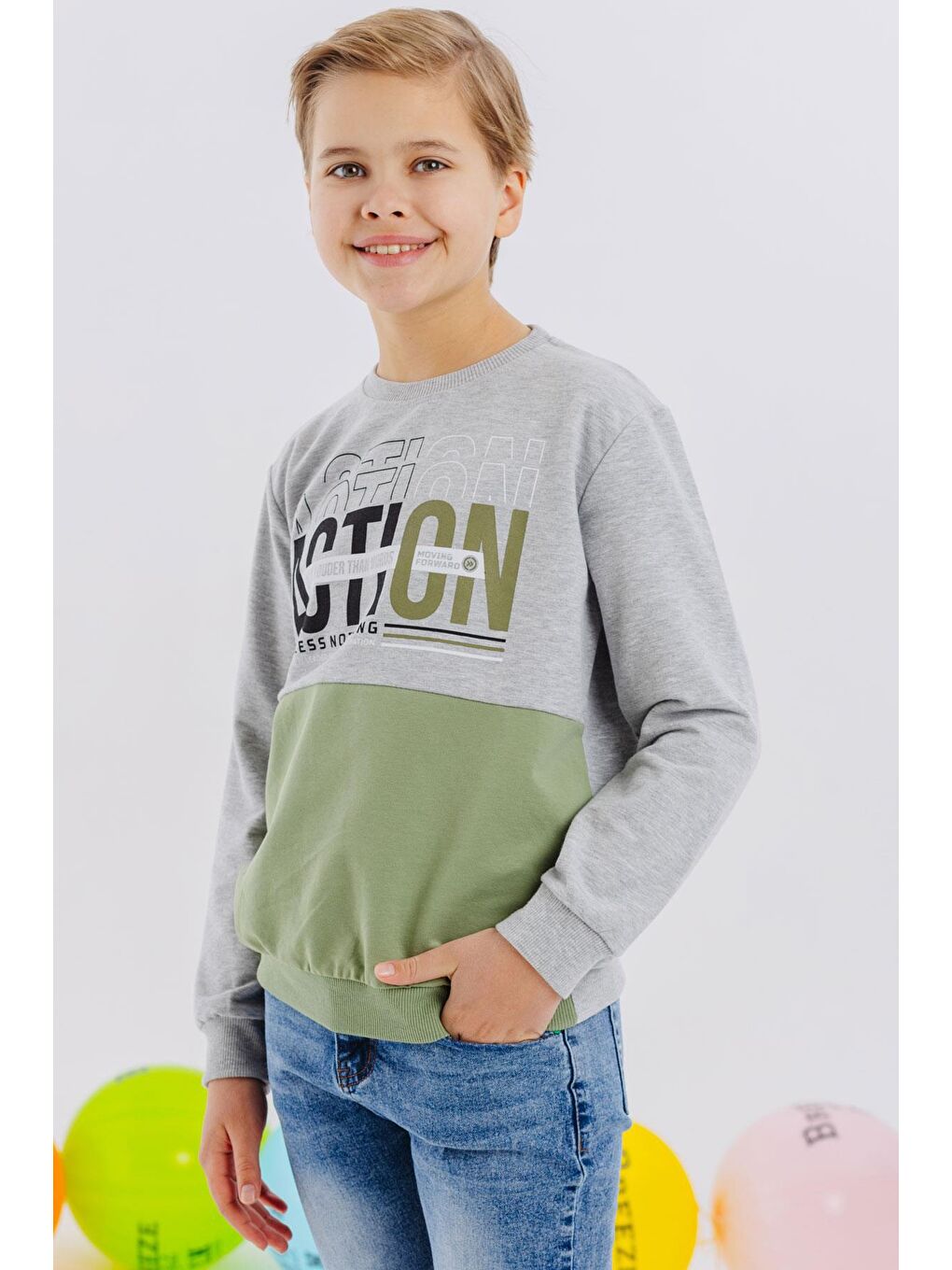 Breeze Erkek Çocuk Sweatshirt Yazı Baskılı Açık Gri Melanj (8-11 Yaş) - 2