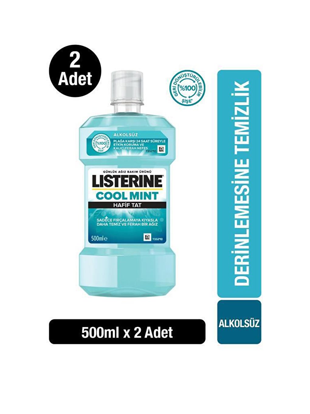 Listerine Renksiz Cool Mint Hafif Tat Alkolsüz Ağız Bakım Suyu 500ml x 2