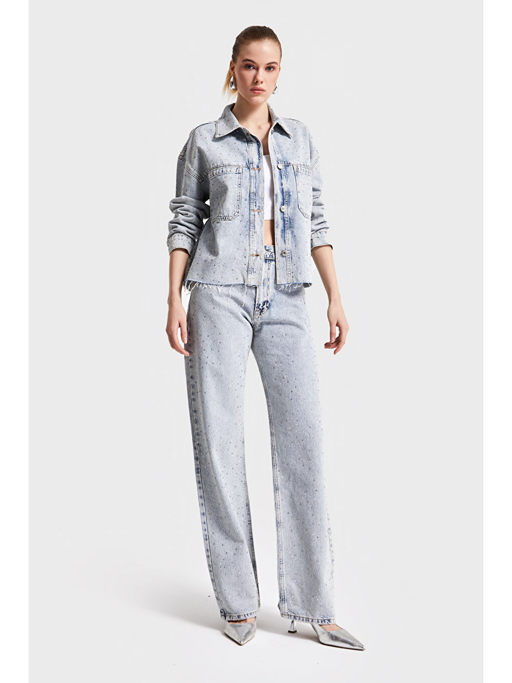Mavi Kadın Jean Rengi 3S5-3 Straight Fit Yüksek Bel Parlak Taşlı Denim Jean-2
