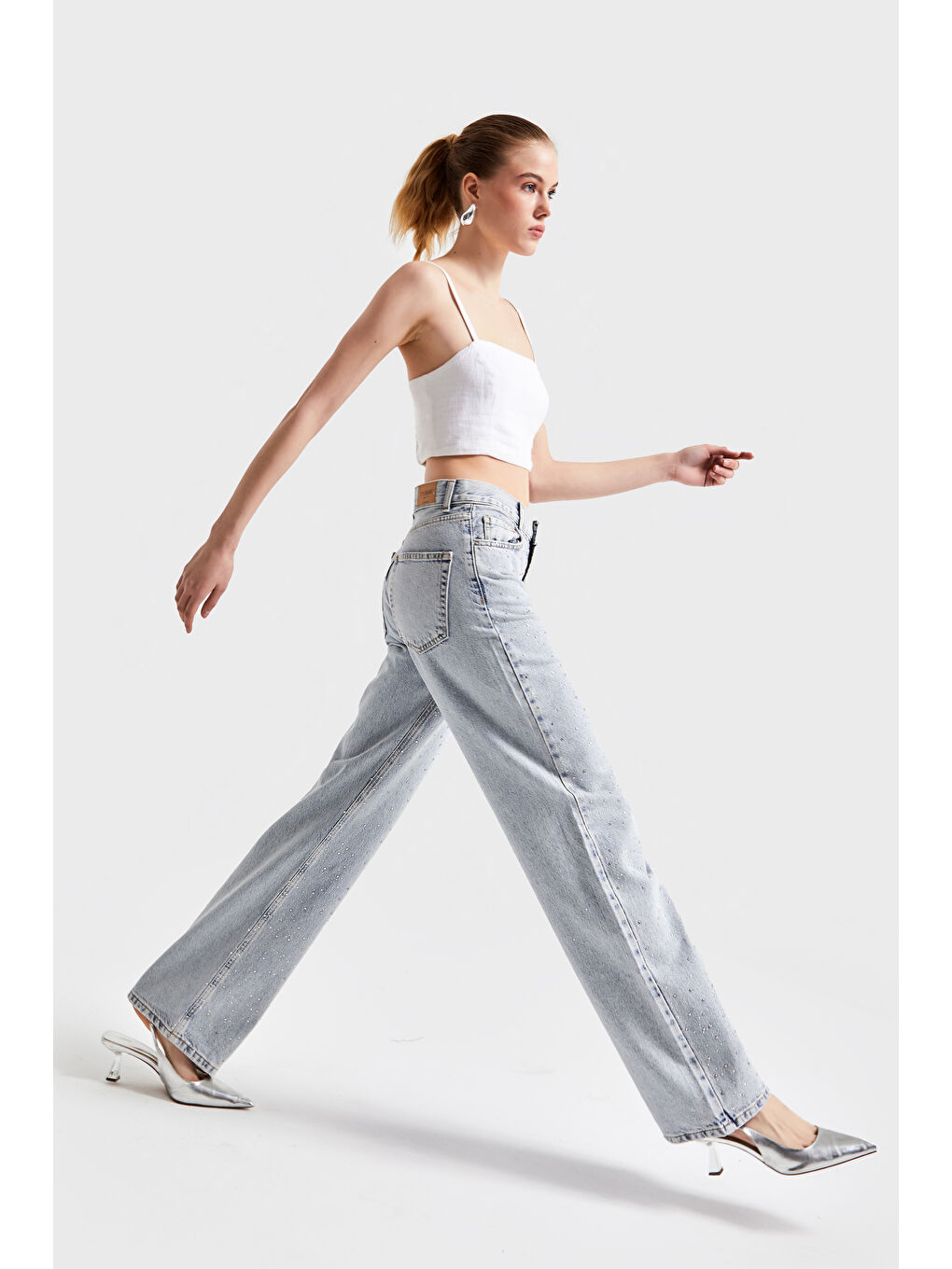 Mavi Kadın Jean Rengi 3S5-3 Straight Fit Yüksek Bel Parlak Taşlı Denim Jean-3