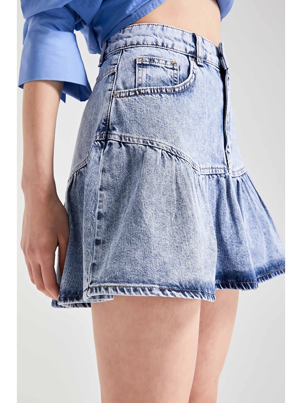 Mavi Kadın Snow Jean Rengi 3S5-4 Volanlı Süper Mini %100 Pamuk Denim Etek-1