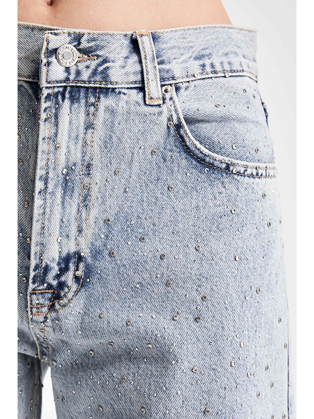 Mavi Kadın Jean Rengi 3S5-3 Straight Fit Yüksek Bel Parlak Taşlı Denim Jean-4