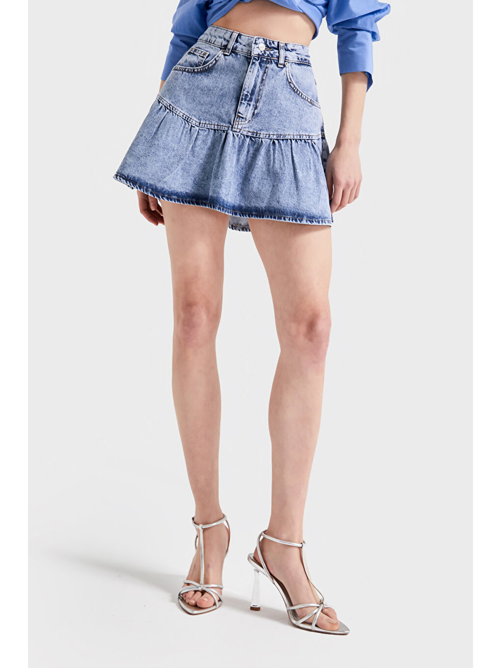 Mavi Kadın Snow Jean Rengi 3S5-4 Volanlı Süper Mini %100 Pamuk Denim Etek-2