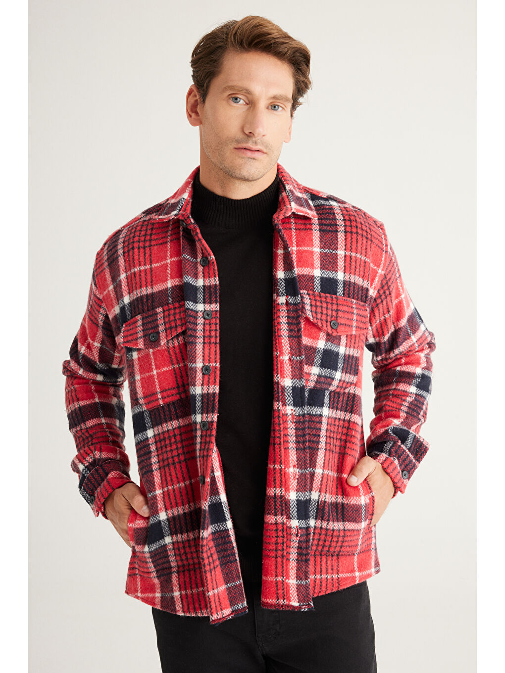 Erkek Kırmızı-Siyah Oversize Fit Geniş Kesim Düğmeli Yaka Ekose Gömlek Ceket