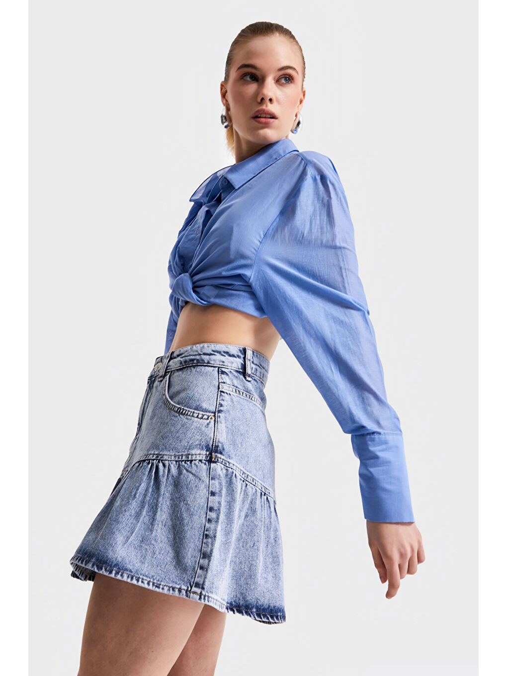 Mavi Kadın Snow Jean Rengi 3S5-4 Volanlı Süper Mini %100 Pamuk Denim Etek-3