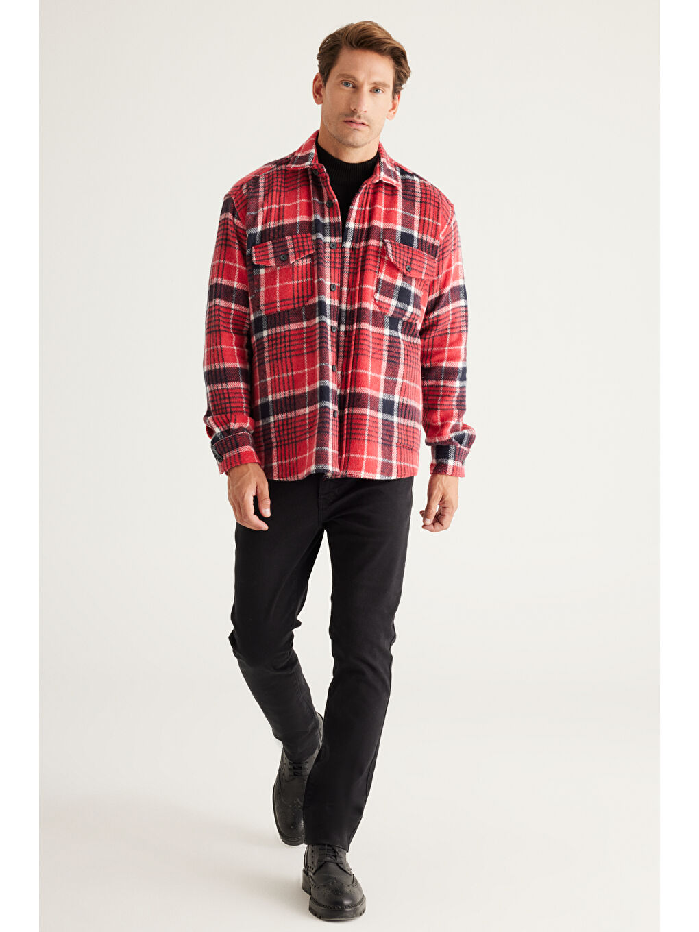 Erkek Kırmızı-Siyah Oversize Fit Geniş Kesim Düğmeli Yaka Ekose Gömlek Ceket-1