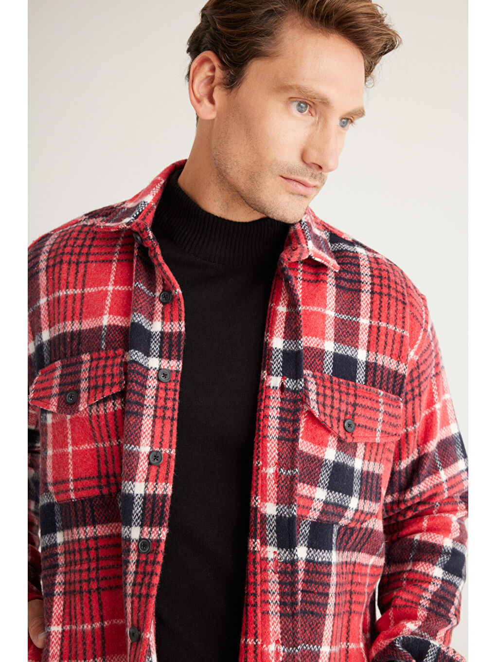 Erkek Kırmızı-Siyah Oversize Fit Geniş Kesim Düğmeli Yaka Ekose Gömlek Ceket-2