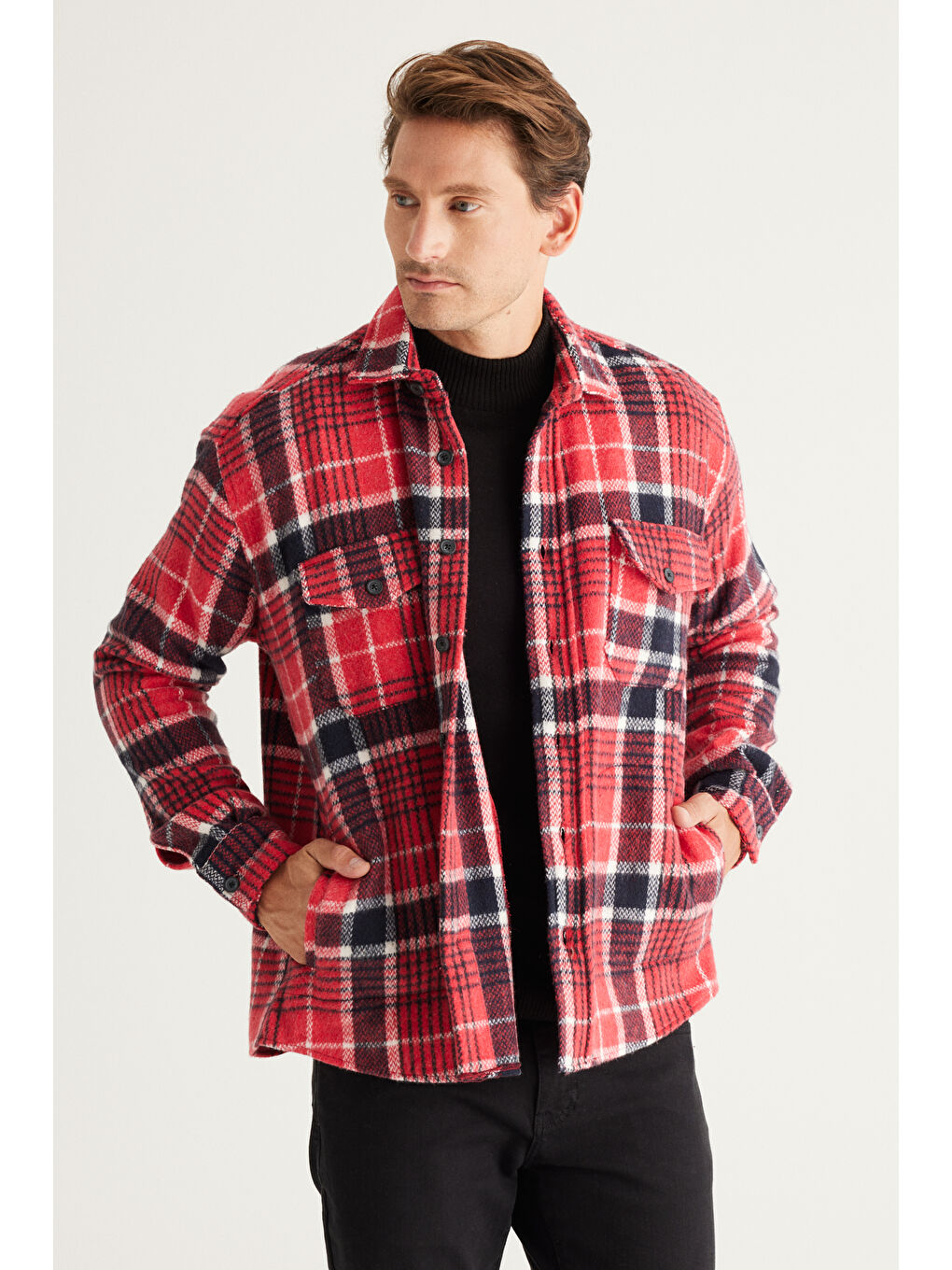 Erkek Kırmızı-Siyah Oversize Fit Geniş Kesim Düğmeli Yaka Ekose Gömlek Ceket-3