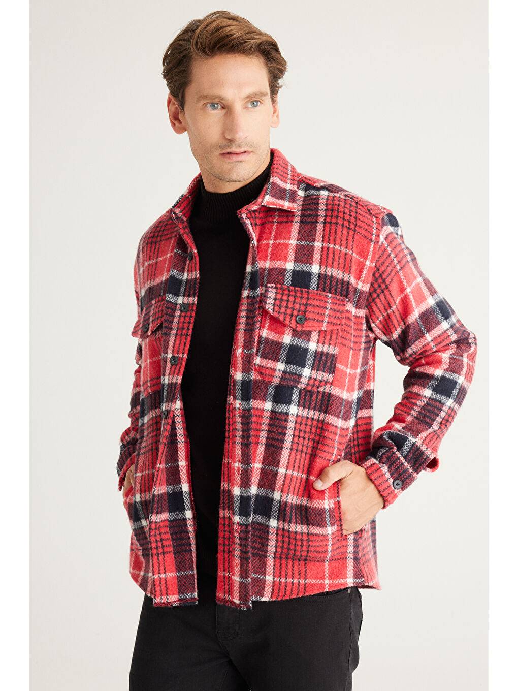 Erkek Kırmızı-Siyah Oversize Fit Geniş Kesim Düğmeli Yaka Ekose Gömlek Ceket-4