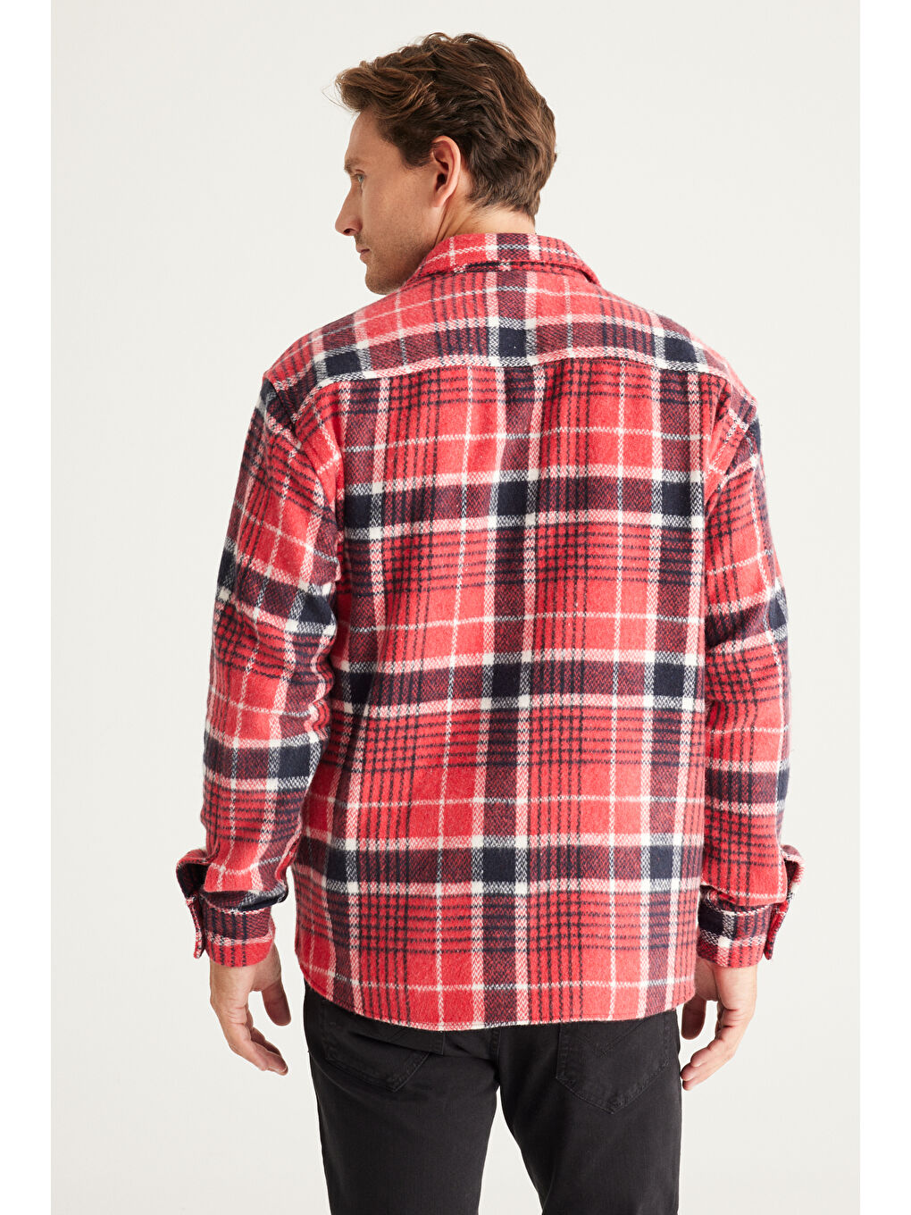 Erkek Kırmızı-Siyah Oversize Fit Geniş Kesim Düğmeli Yaka Ekose Gömlek Ceket-5