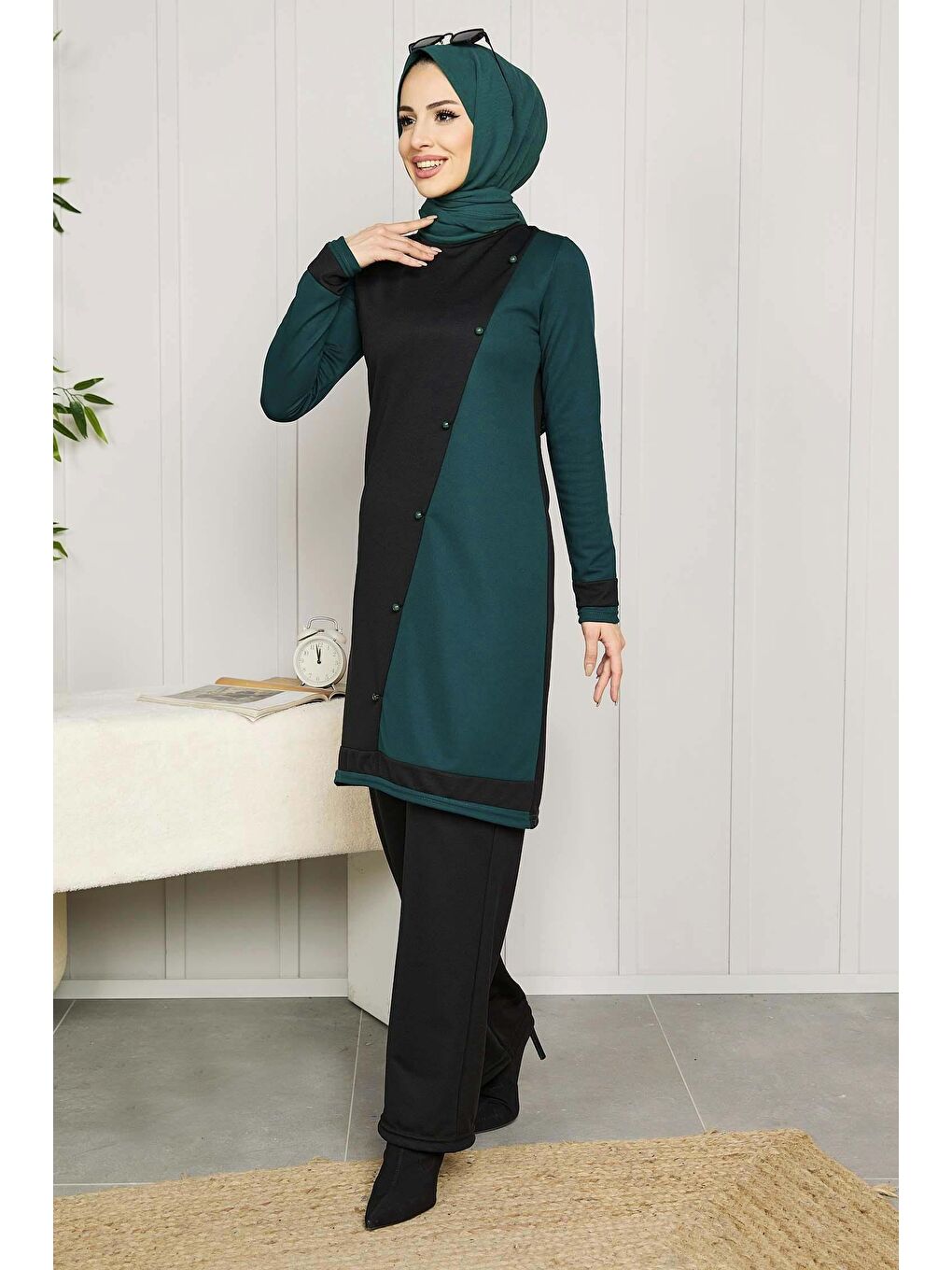 Bisiklet Yaka Kadın Yeşil Tunik Pantolon - 11320-1