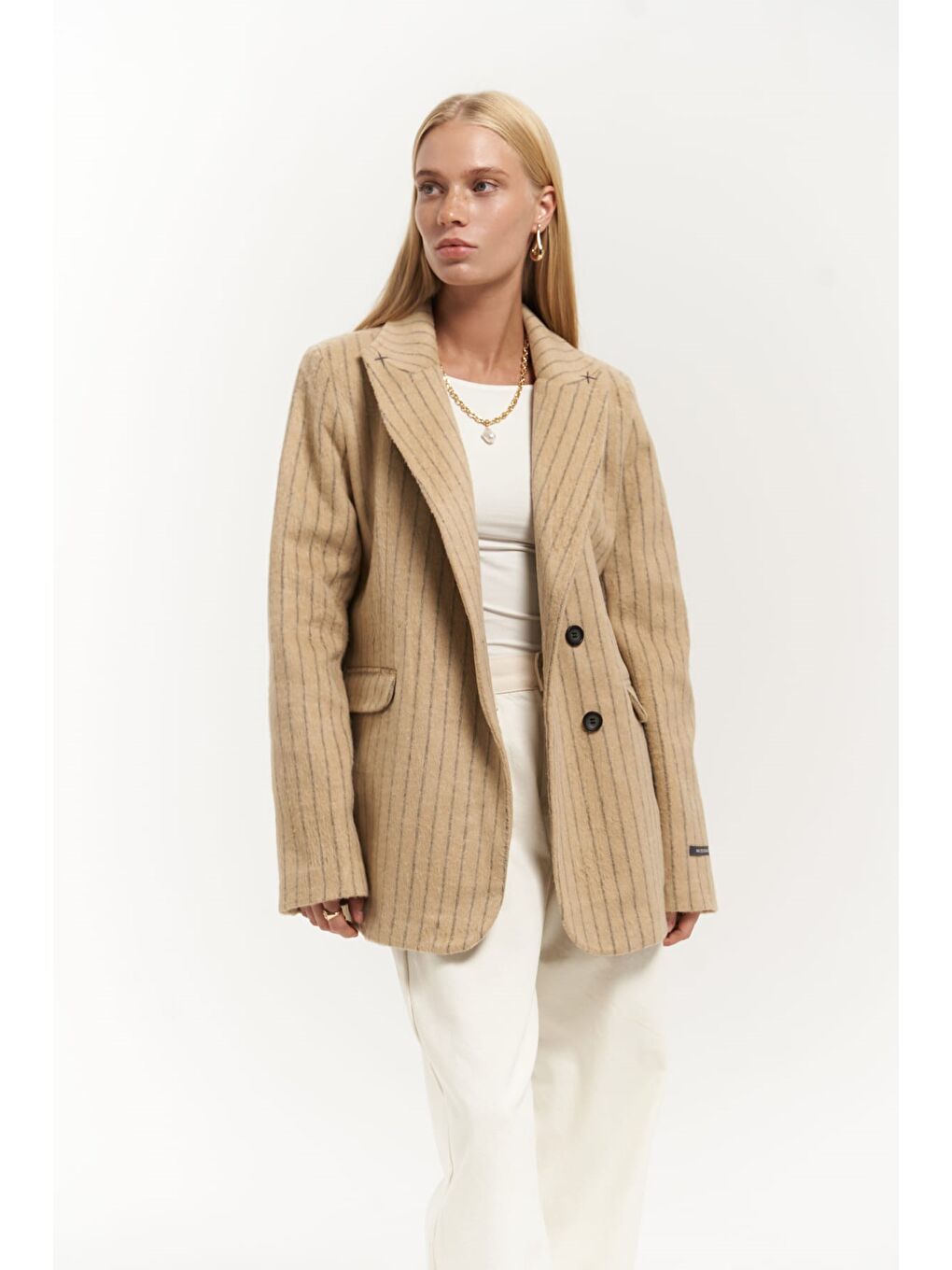 Bej Peters Dikiş Detaylı Çizgili Taupe Blazer-1