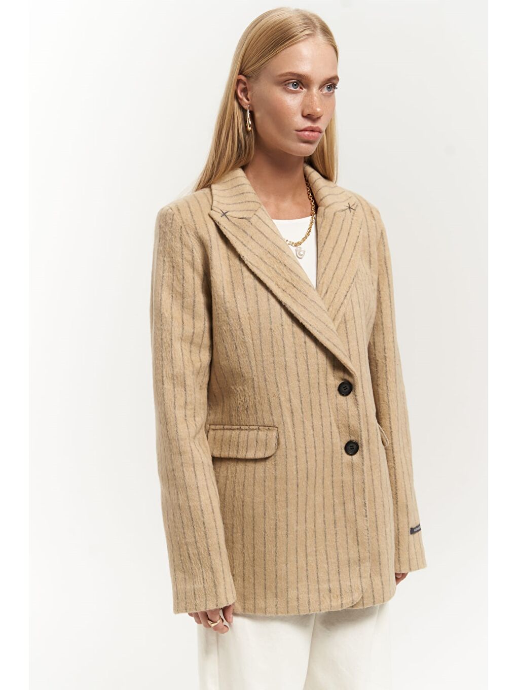 Bej Peters Dikiş Detaylı Çizgili Taupe Blazer-2