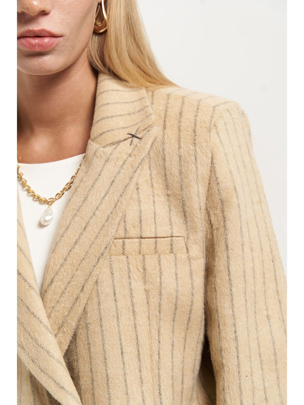 Bej Peters Dikiş Detaylı Çizgili Taupe Blazer-4