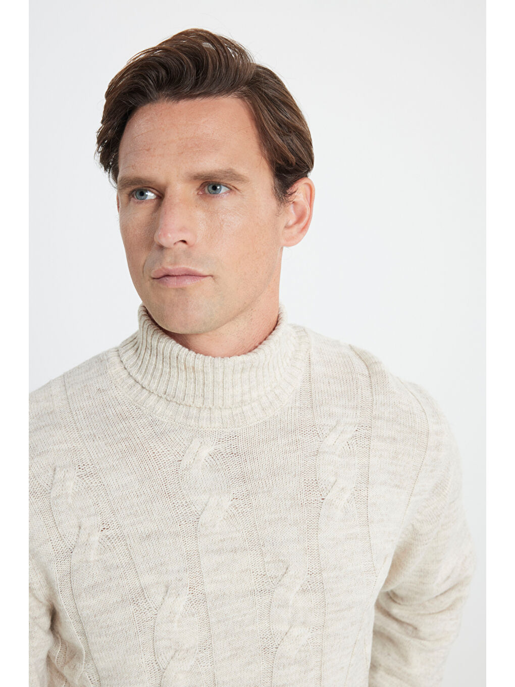 Erkek Açık Bej Standart Fit Normal Kesim Tam Balıkçı Yaka Jakarlı Triko-2