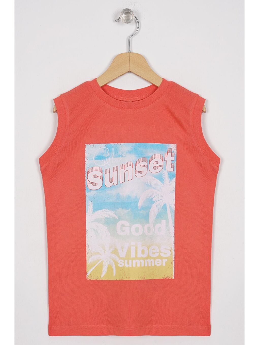Kırmızı Sunset Baskılı Nar Çiçeği Renk Sıfır Kol Erkek Çocuk Tshirt