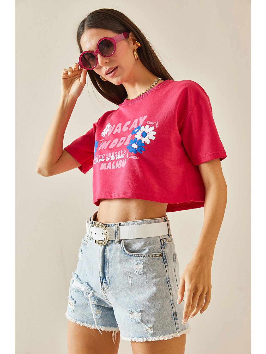 XHAN Fuşya Baskılı Bisiklet Yaka Crop T-Shirt 5YXK1-48564-07