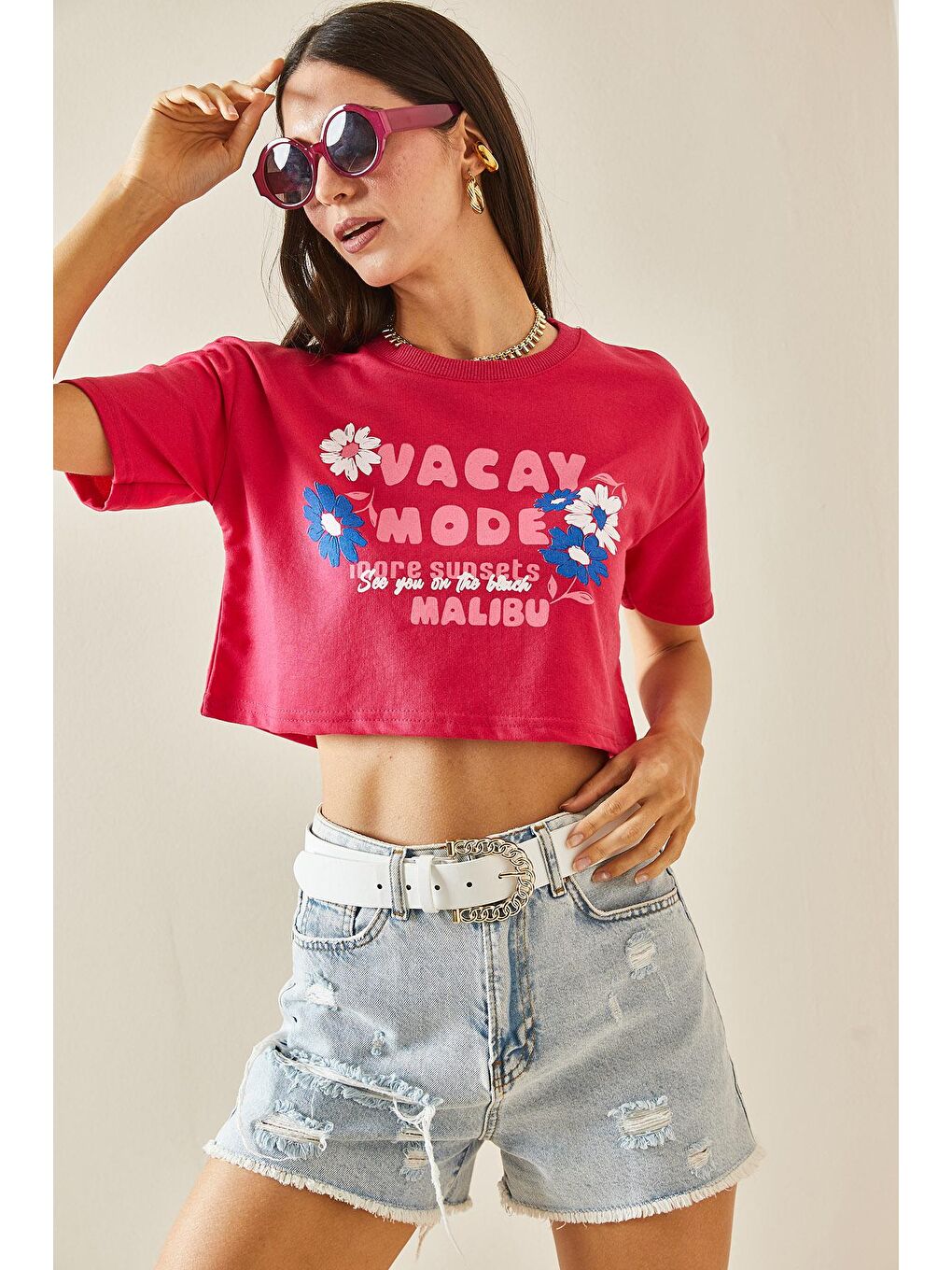 XHAN Fuşya Baskılı Bisiklet Yaka Crop T-Shirt 5YXK1-48564-07 - 3