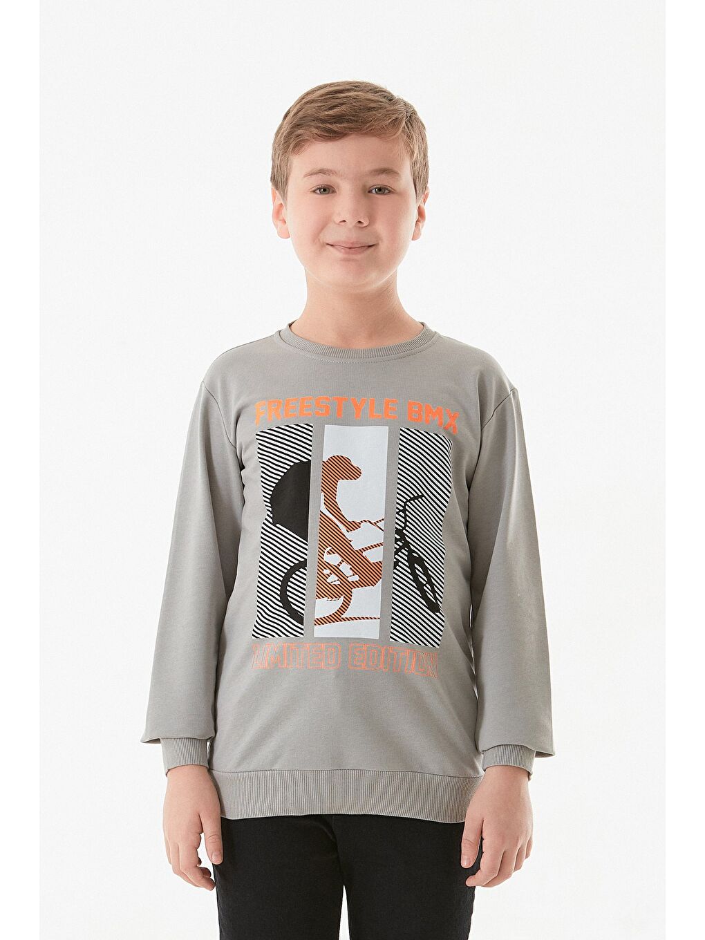 Gri Freestyle Baskılı Bisiklet Yaka Erkek Çocuk Sweatshirt