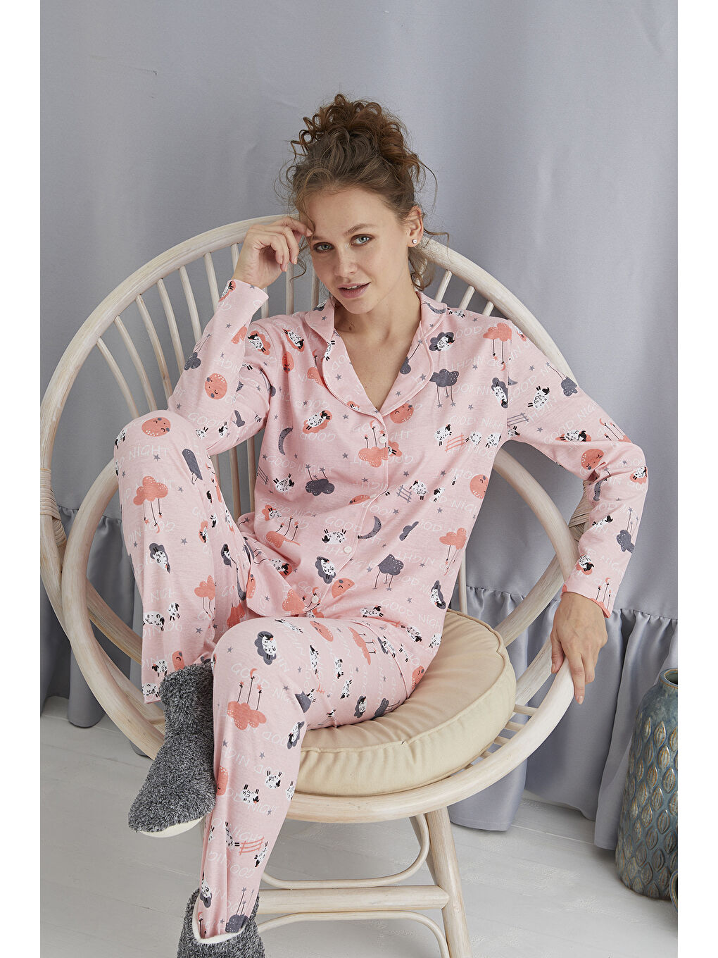 Elitol Beyaz Pamuklu Düğmeli Pijama Takımı 451-8