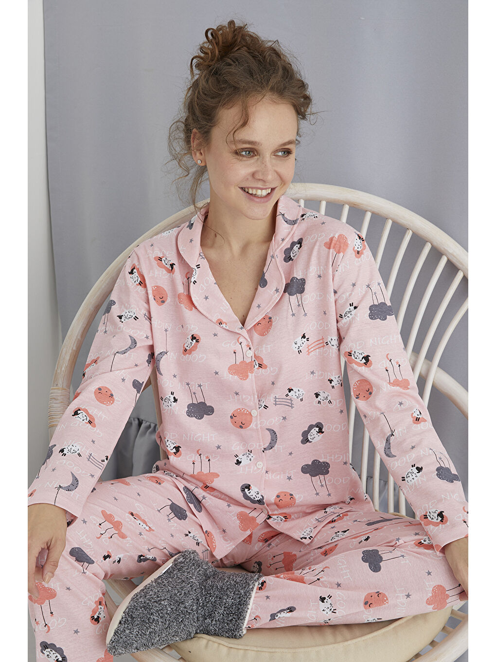 Elitol Beyaz Pamuklu Düğmeli Pijama Takımı 451-8 - 1