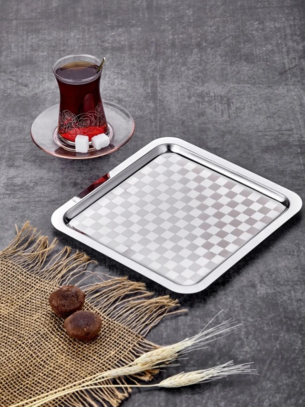 Kitchen Design Lab Gümüş Damalı 4 Adet Kare Sunum Tepsisi Gümüş Çelik Gümüş Sunum 21 X 21 Cm Çay Kahve Tatlı Servis Sunum - 2