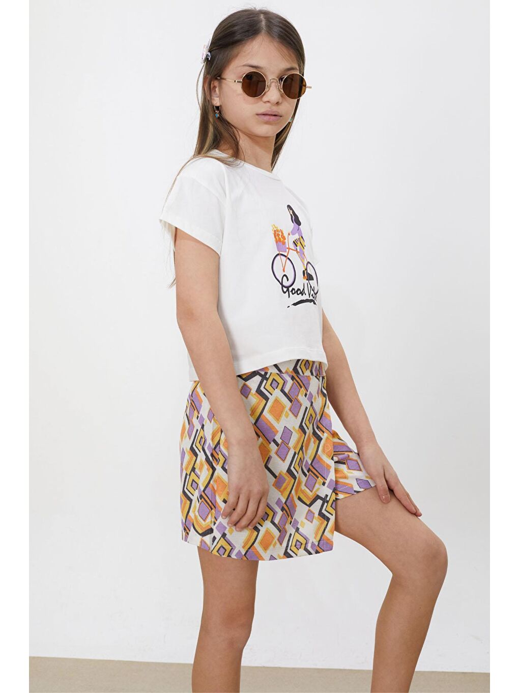 Turuncu Desenli Şort Etekli Tişörtlü Kız Çocuk Takım 18473-2