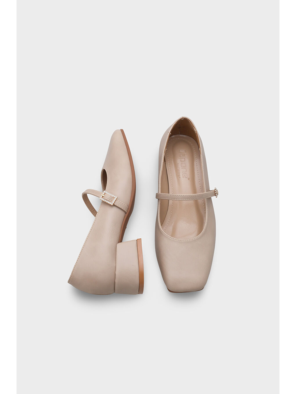 Bej Küt Burunlu Kısa Topuklu Bantlı Mary Jane Kadın Ayakkabı-4