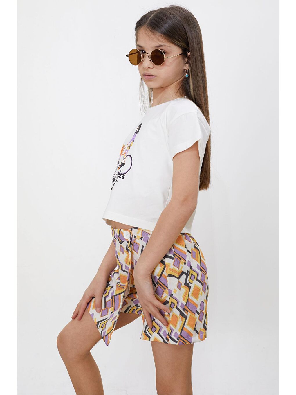 Turuncu Desenli Şort Etekli Tişörtlü Kız Çocuk Takım 18473-3