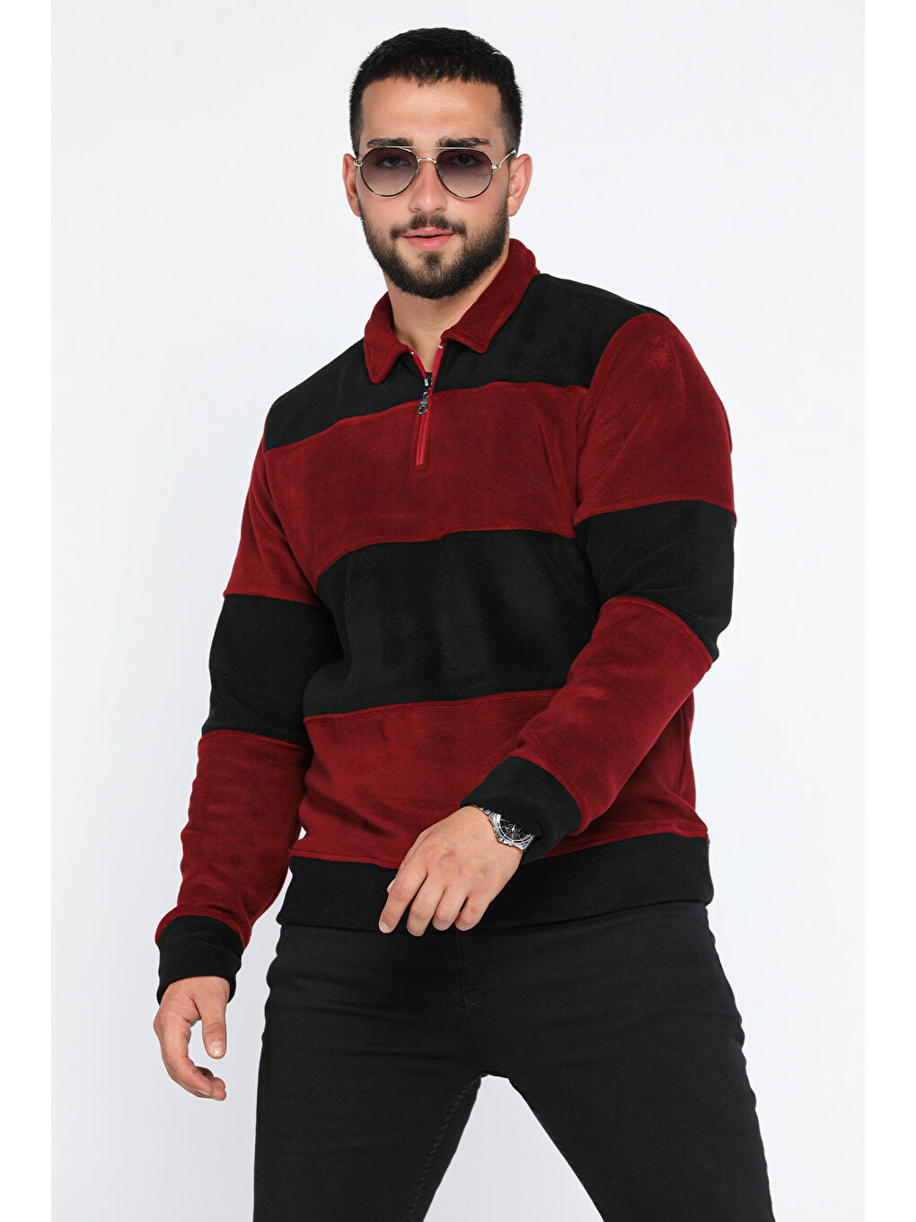 Mishar İtalia Bordo Polo Yaka Yarım Fermuarlı Polar Erkek Sweatshirt